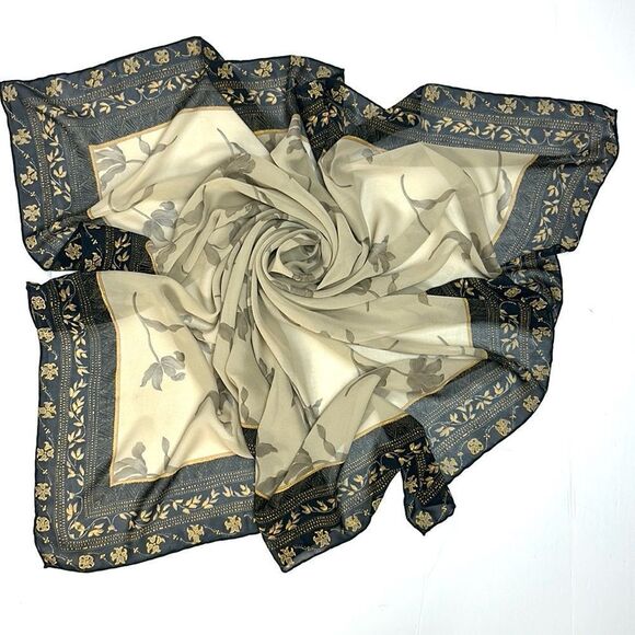 Silk Crepe Square Scarf Taupe Gray Floral Print Hand Rolled 41x41 inches - Picture 2 of 11